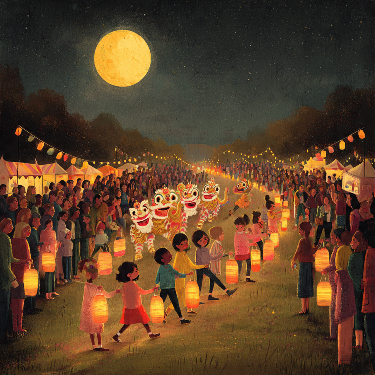Children's lantern parade with lion dances under the harvest moon