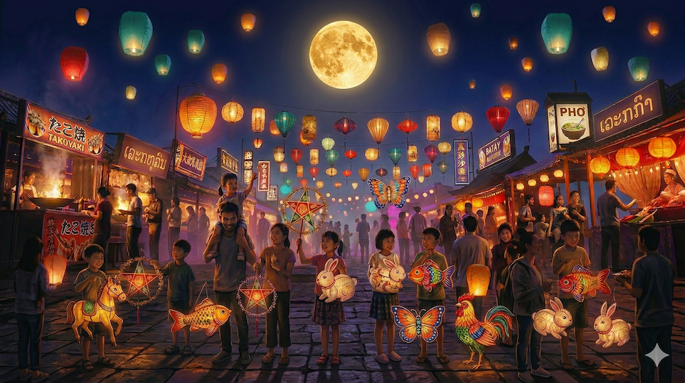 Children's lantern parade with lion dances under the harvest moon